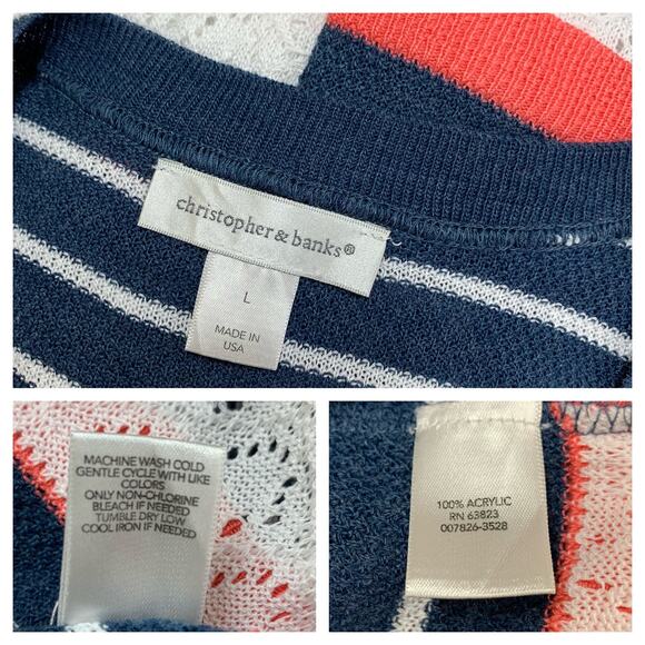 Christopher & Banks Thin Knit 3/4 Sleeve Blue White Stripe Sweater Size Large - Picture 7 of 7